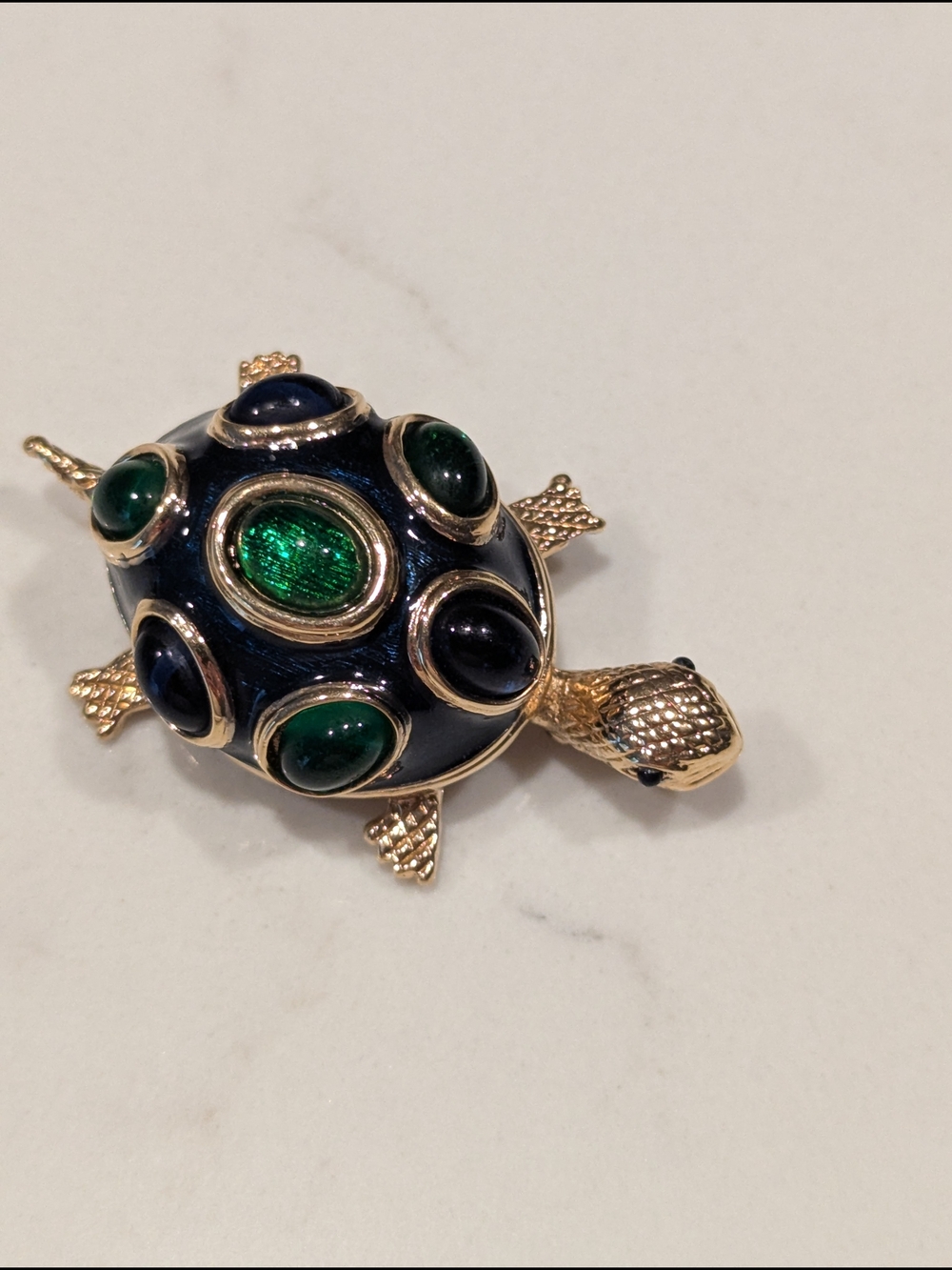 Gold-Tone Turtle Brooch with Green and Navy Cabochons